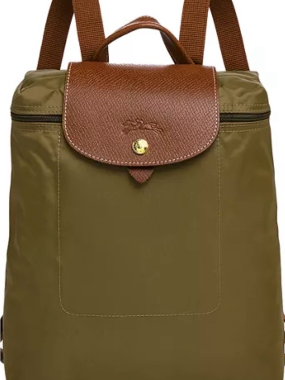 Longchamp Olive Nylon Backpack with Brown Leather Flap